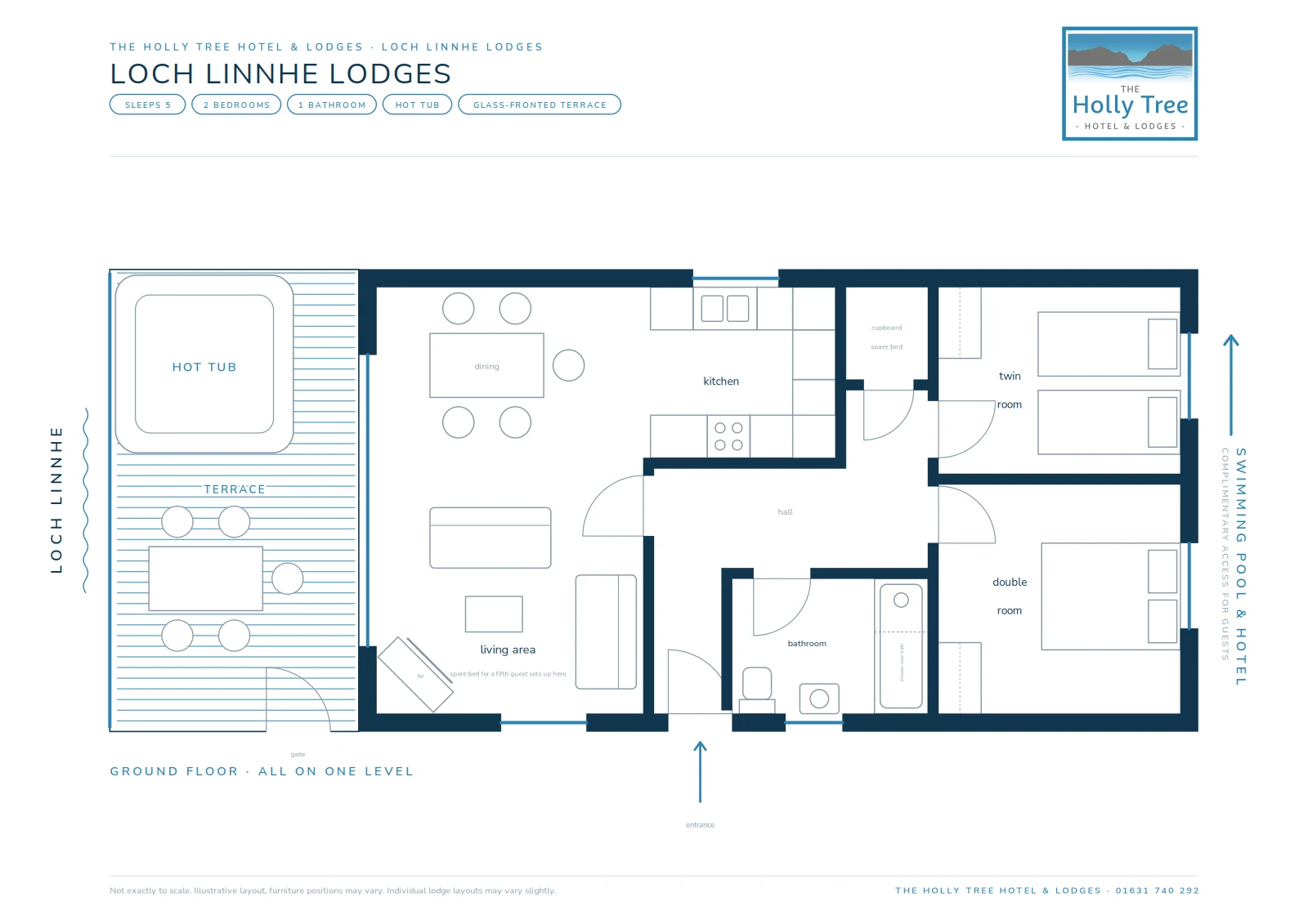 Floor plan of a Loch Linnhe lodge: living room, dining and galley kitchen opening onto the glass-fronted terrace with hot tub, double room and twin room at the back, bathroom with shower over bath beside the front door