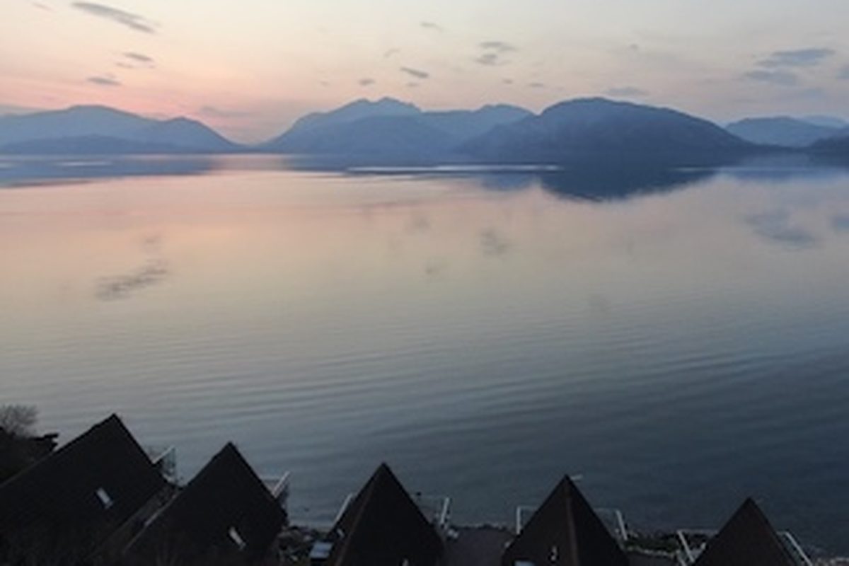 Dusk over the lodge rooftops and Loch Linnhe