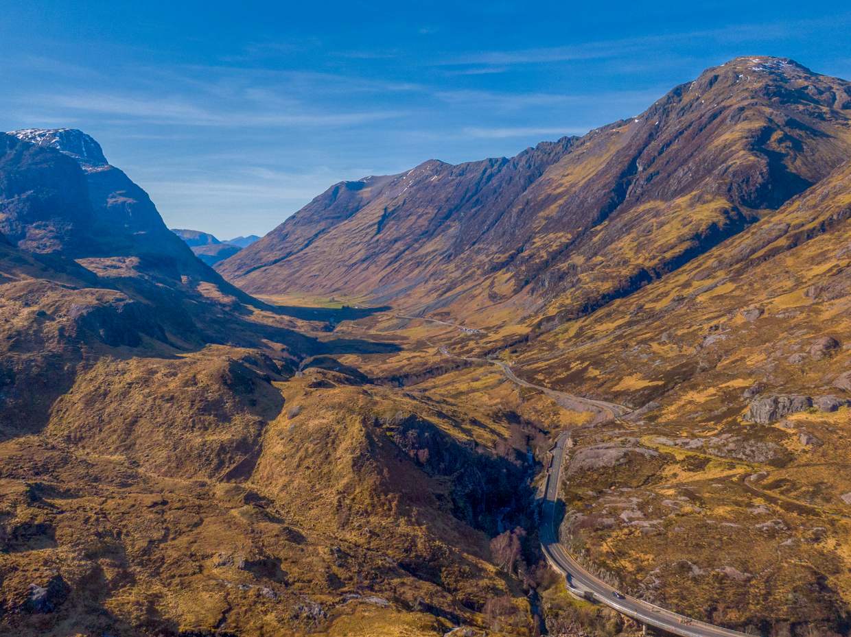 An aerial view down Glen Coe